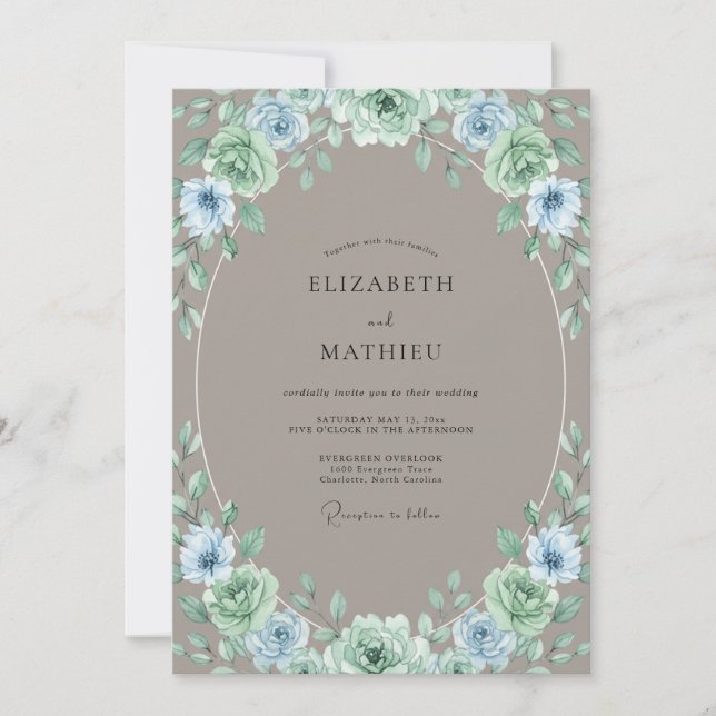 Taupe Periwinkle Wreath Wedding Invitation (Front)