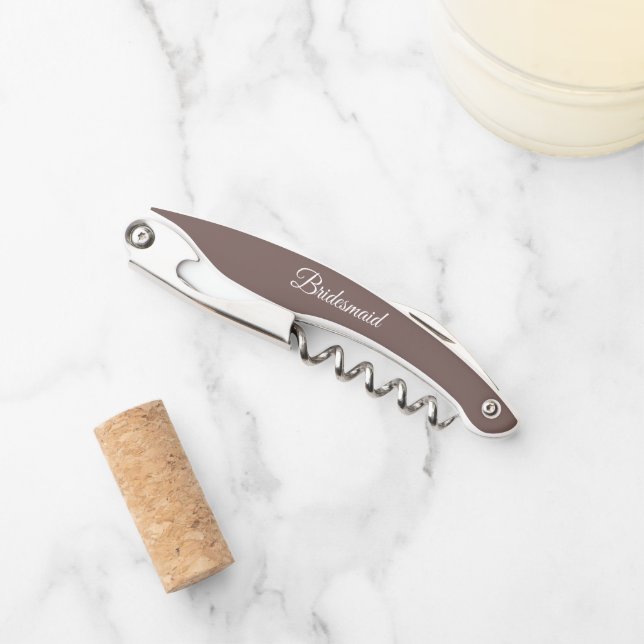 Taupe Personalized Wedding Bridesmaid Corkscrew (Front)
