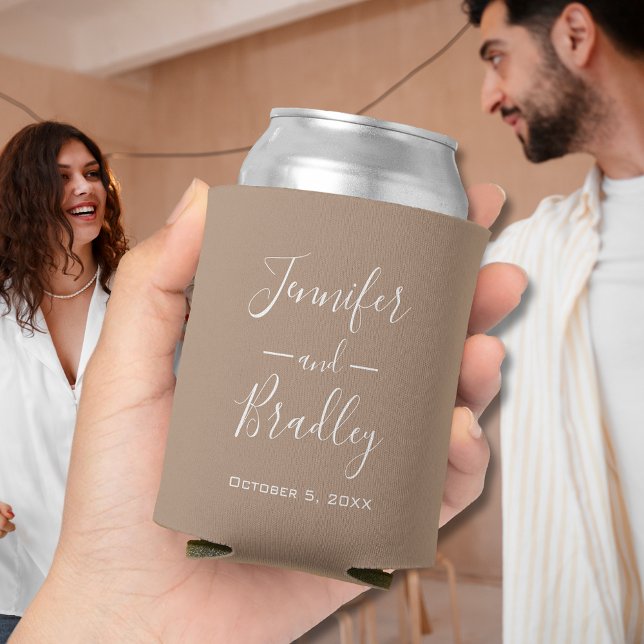 Taupe Personalized Wedding Can Cooler (Taupe Personalized Wedding Favor Can Coolers)