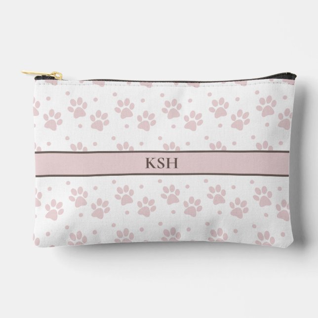Taupe & Pink Paw Print Cosmetic Bag – Personalized (Front)