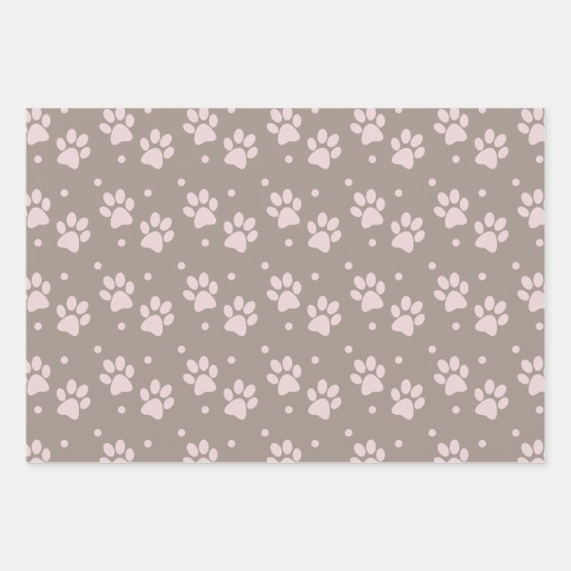 Taupe & Pink Paw Print – Dog Lover Wrapping Paper Sheet (Front)