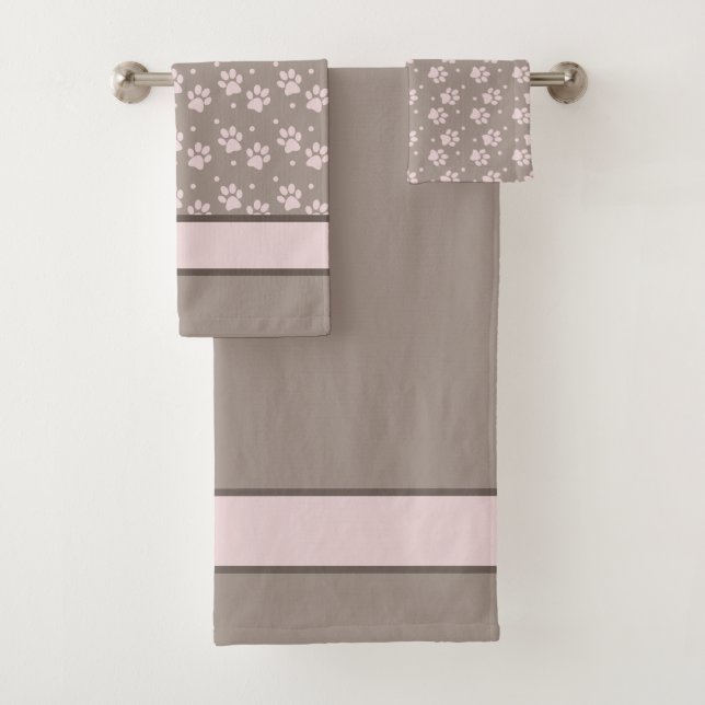 Taupe & Pink Paw Print – Elegant Neutral Dog Lover Bath Towel Set (Insitu)