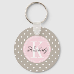 Taupe Polka Dot with Pink Monogram Keychain