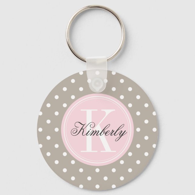Taupe Polka Dot with Pink Monogram Keychain (Front)