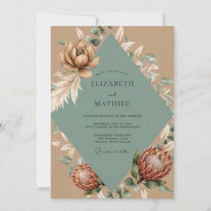 Taupe Protea Palm Eucalyptus Wedding Invitation