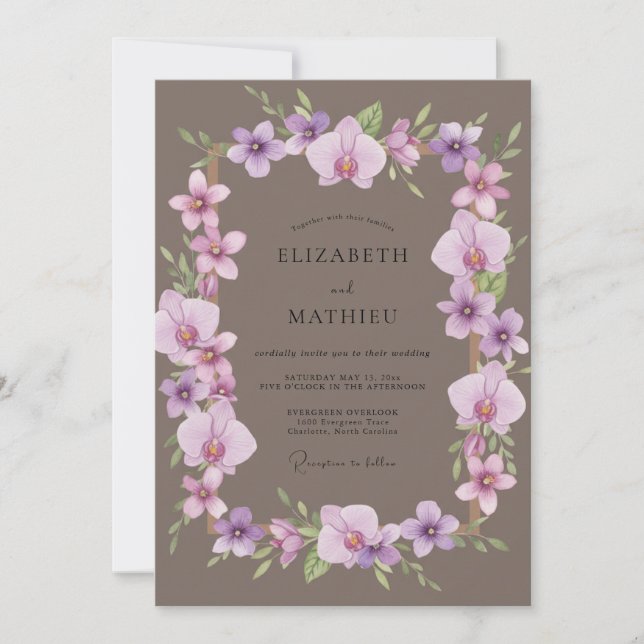 Taupe Purple Orchid Wedding Invitation (Front)
