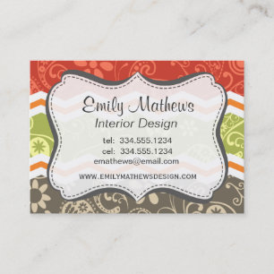 Taupe, Red, Green, and Orange Paisley Chevron Business Card