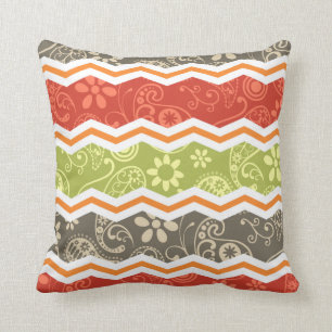 Taupe, Red, Green, and Orange Paisley Chevron Throw Pillow