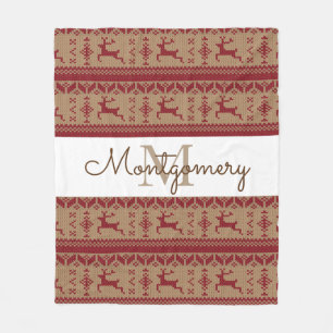 Taupe & Red Reindeer Nordic Sweater Pattern Fleece Blanket