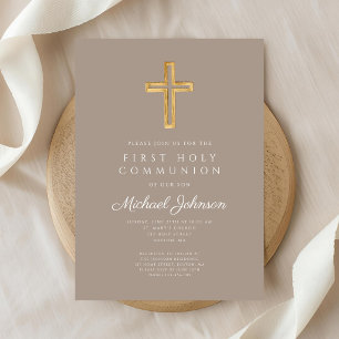 Taupe Religious Cross Boy First Holy Communion Invitation