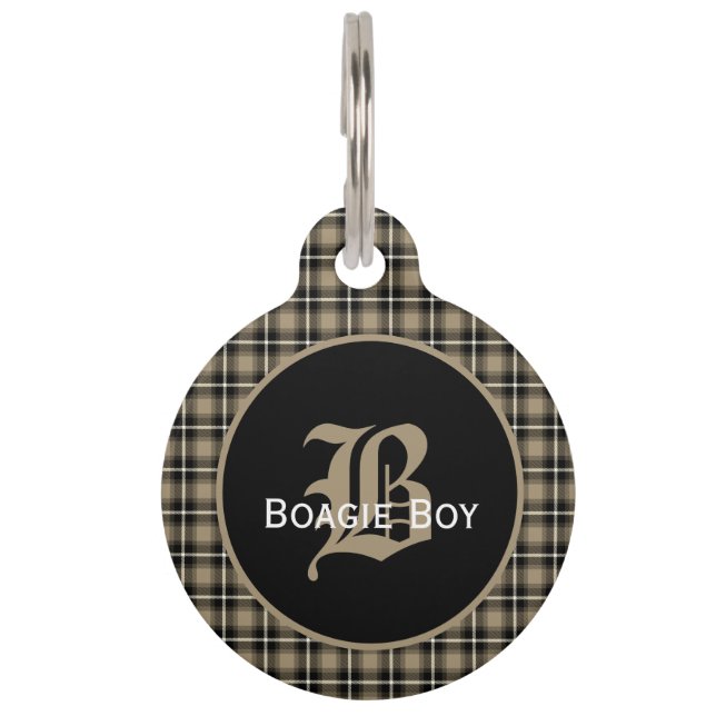 Taupe Scottish Plaid Monogrammed Large Pet Tag (Front)