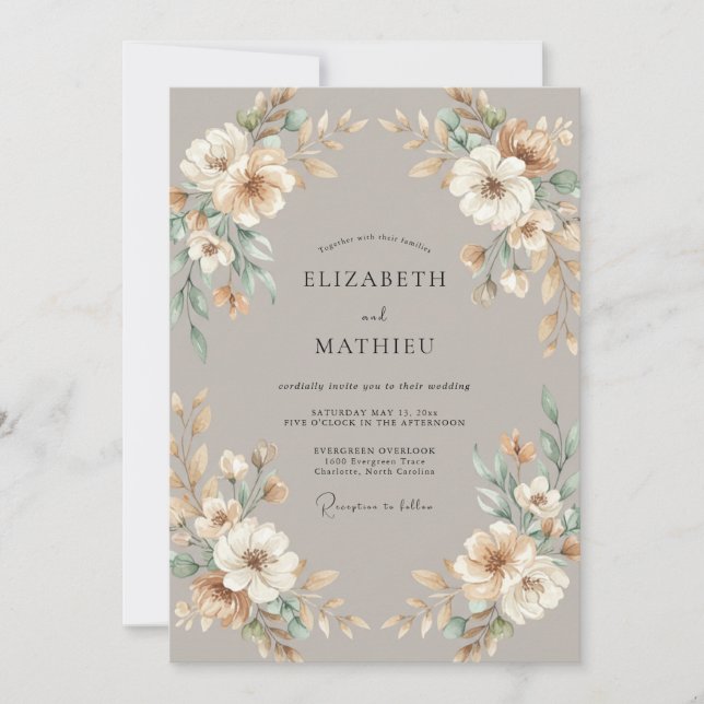 Taupe Seafoam Leaf Wedding Invitation (Front)