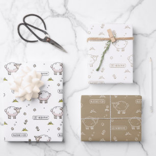 Taupe Sheep Eid Mubarak Kids Wrapping Paper Sheet