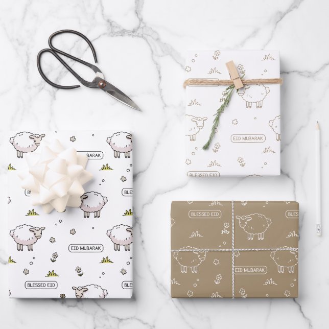 Taupe Sheep Eid Mubarak Kids Wrapping Paper Sheet (Front)