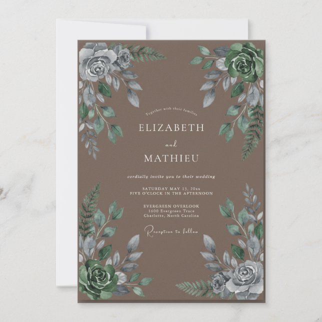Taupe Silver Leafy Wedding Invitation (Front)