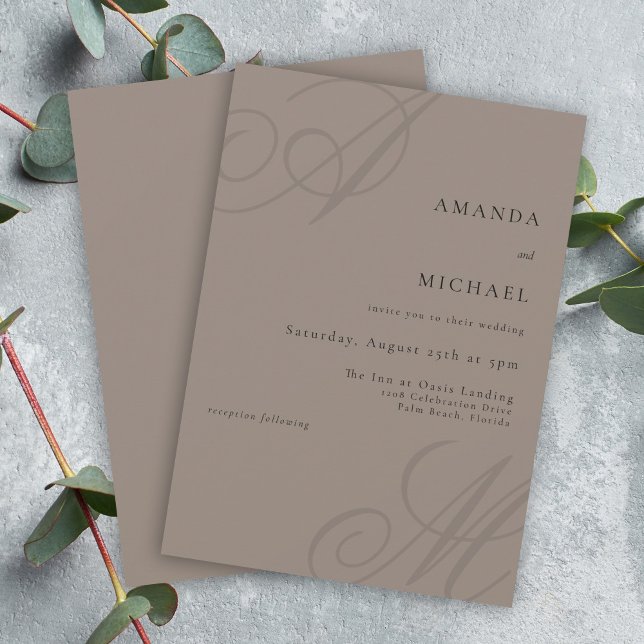 Taupe Simple Elegant Minimal Monogram Wedding Invitation (Simple elegant wedding invitation with the bride and groom's monogram initial.)