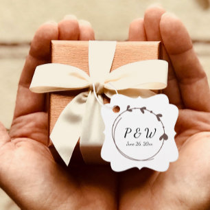 Taupe Simple Heart Wreath Monogram Wedding Favour Tags