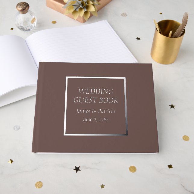 Taupe Simple Stylized Lettering Wedding Guest Book (Front Open)