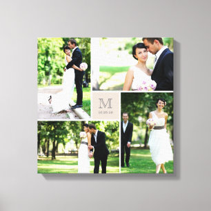 Taupe Square Grid Monogram Wedding 4 Photo Collage Canvas Print
