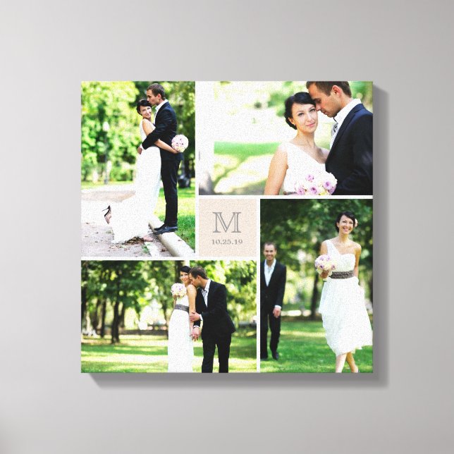 Taupe Square Grid Monogram Wedding 4 Photo Collage Canvas Print (Front)