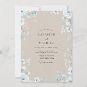 Taupe Steel Blue Foliage Eucalyptus Wedding Invitation