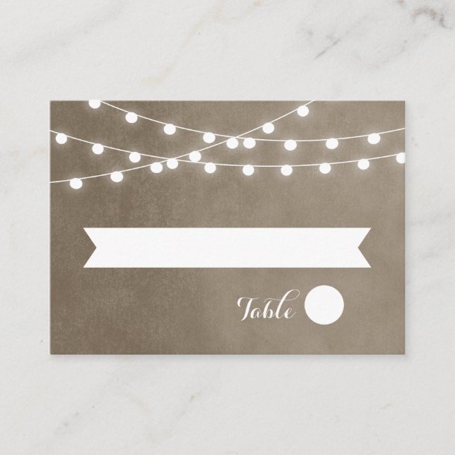 Taupe String Lights Wedding Escort Cards (Front)