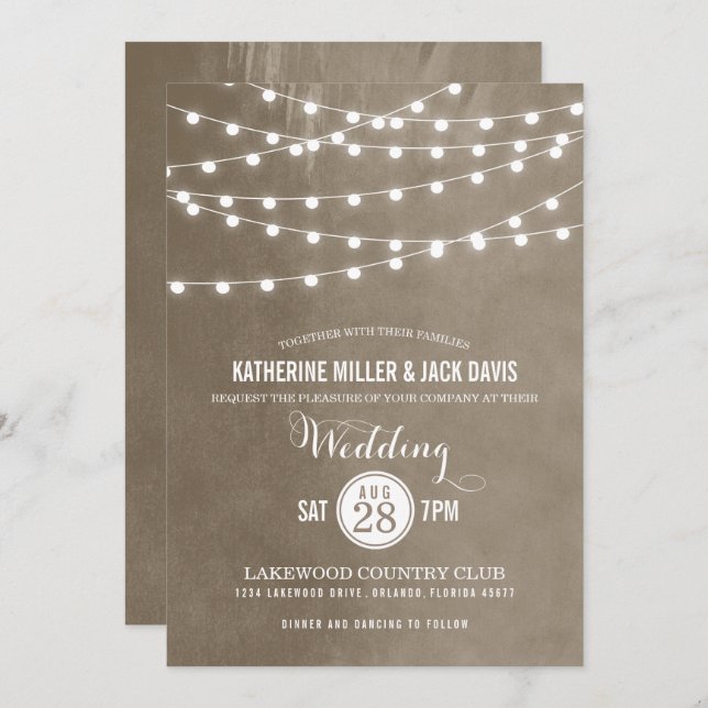 Taupe String Lights Wedding Invitation (Front/Back)
