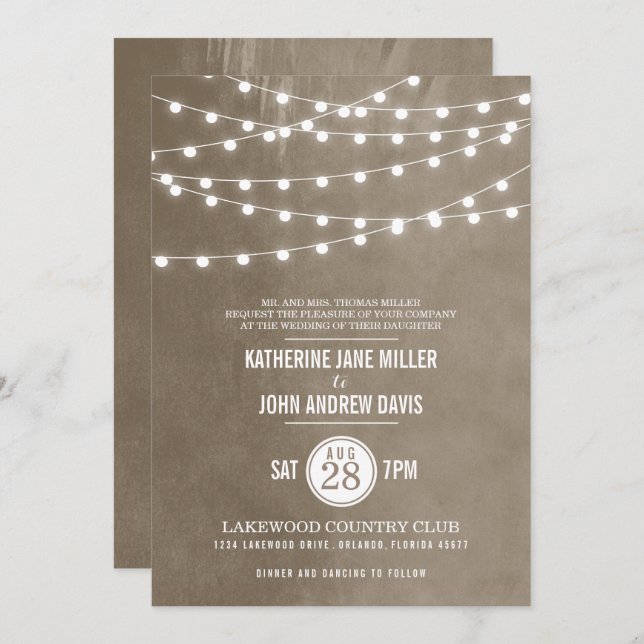 Taupe String Lights Wedding Invitation (Front/Back)
