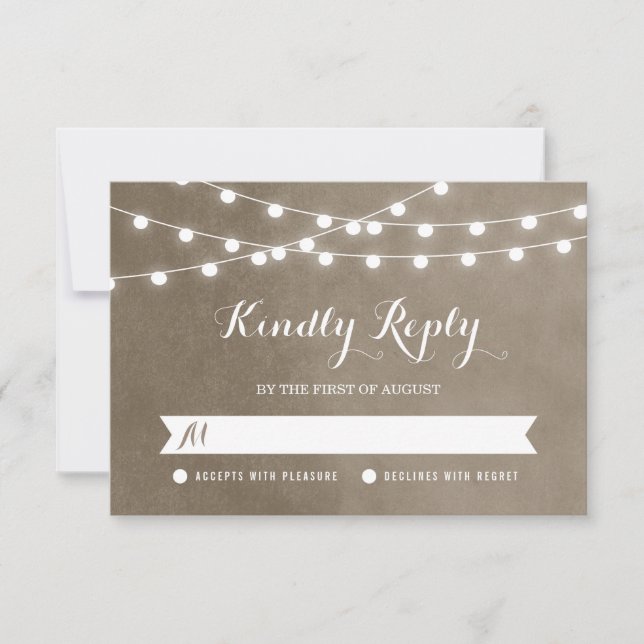 Taupe String Lights Wedding RSVP Card (Front)