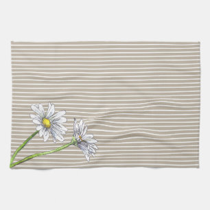 Taupe Striped Floral Watercolor Daisy Kitchen Towel