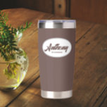 Taupe Stylized Wedding Groomsman Name Insulated Tumbler<br><div class="desc">Gift your wedding groomsman with this trendy and personalized,  stainless steel,  thermal tumbler with his name in stylized script in a white oval design. Background colour and script is taupe. Personalize your thermal tumbler by editing and replacing groomsman's name with desired name.</div>