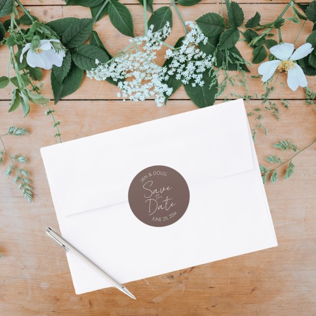 Taupe Stylized Wedding Save the Date Classic Round Sticker (In Situ Wedding)