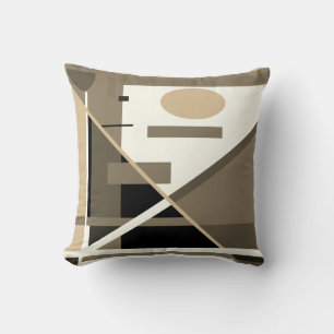 Taupe Tan Black Beige Geometric Abstract Art Motif Throw Pillow