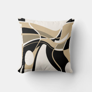Taupe Tan Black on Off-White Swirling Art Motif Throw Pillow