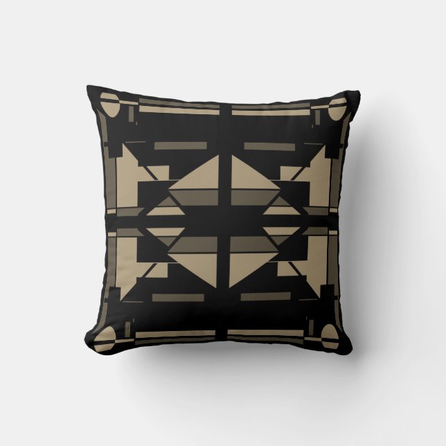 Taupe Tan Black Southwest Look Symmetrical Motif Throw Pillow (Front)