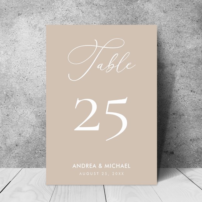 Taupe Tan Elegant Calligraphy Boho Spring Wedding Table Number (Creator Uploaded)