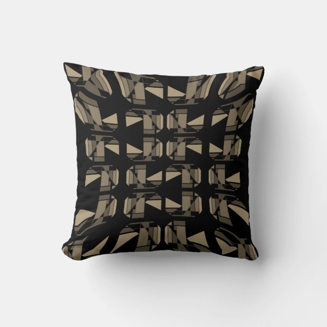 Taupe Tan on Black Concave Geometric Abstract Art Throw Pillow (Front)