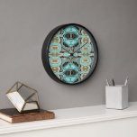 Taupe Teal Aqua Turquoise Hip Bohemian Bali Art Clock<br><div class="desc">Beautiful contemporary teal blue, aqua turquoise, olive green and ochre brown yellow batik mosaic pattern. Decorative motif available on a variety of stylish products and matching home décor accents and accessories. An original design for the interior decorator or those who love decorating their master or children's bedroom, nursery, living or...</div>