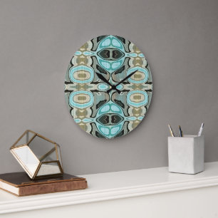 Taupe Teal Aqua Turquoise Hip Bohemian Bali Art Large Clock
