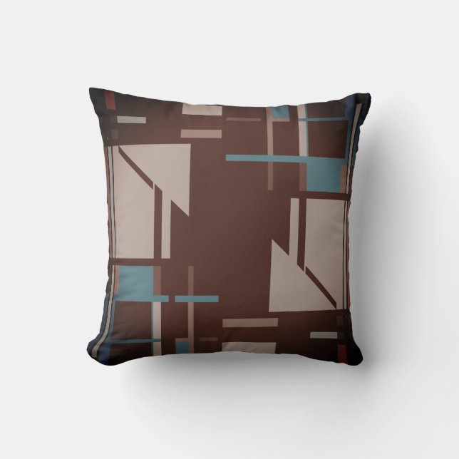 Taupe Teal Blue on Brown Geometric MCM Look Design Throw Pillow (Front)