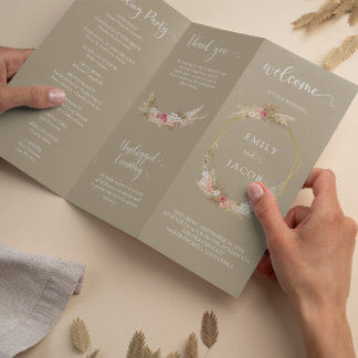 Taupe Tri-fold Boho floral wedding program Flyer