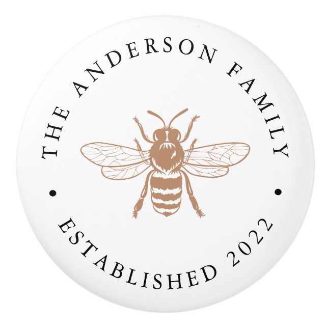 Taupe | Vintage Bee Illustration Personalized Ceramic Knob (Front)