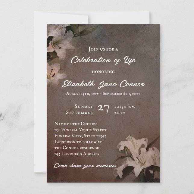 Taupe Vintage Lilies Celebration of Life Invitation (Front)