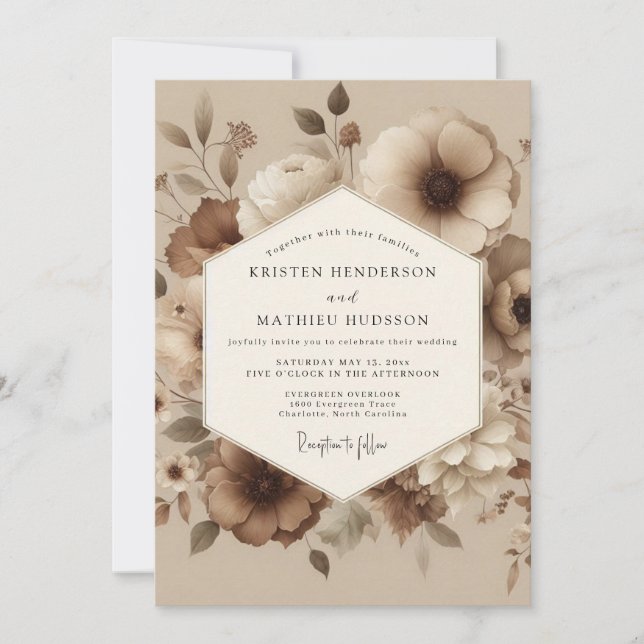 Taupe Washed Floral Wedding Invitation (Front)