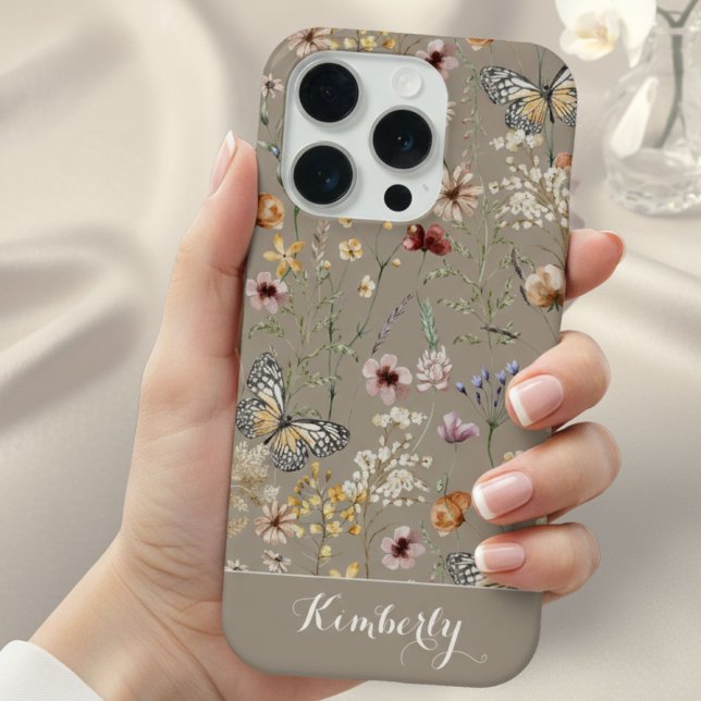 Taupe Watercolor Wildflowers Pattern Name  iPhone Case (Creator Uploaded)