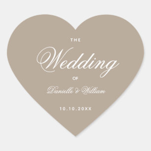 Taupe Wedding Heart Simple Elegant White Script Sticker