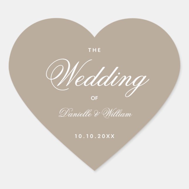 Taupe Wedding Heart Simple Elegant White Script Sticker (Front)