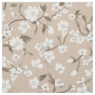 Taupe White Blossom Branch Pattern Fabric