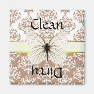 Taupe & White Damask Butterfly Dishwasher Magnet