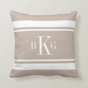 Taupe White Nautical Stripes Custom Monogram Throw Pillow